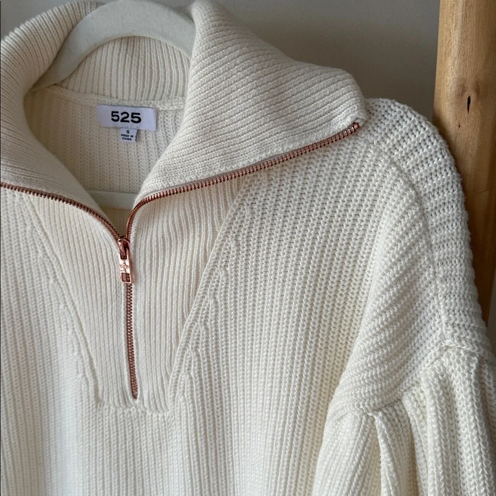 525 America Ivory Cable Knit Fold Collar Half Zip Drop Puff Sleeve Sweater S - Picture 3 of 11